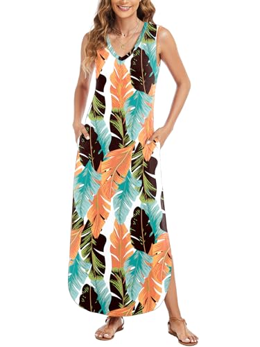 Image of Arolina Maxi Dress for Women Tropical Summer V Neck Sleeveless Split Long Beach Dresses Casual Loose Sundress with Pockets