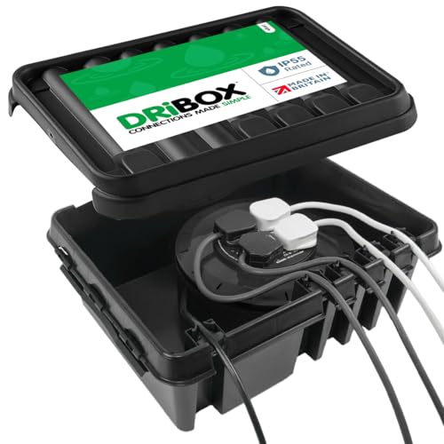 DRiBOX Large IP55 Weatherproof Outdoor Electrical Connection Box 40 x 31 x 14.5cm Power Cord Enclosure for Christmas Lights Timers Extension Cables Leads Reels Transformers (Large Black)