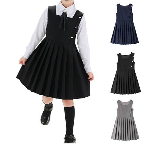Girls School Uniform Dress Cute Pleated Knee Length Sleeveless Preppy Jumper Dress for Kids 3-14Y2