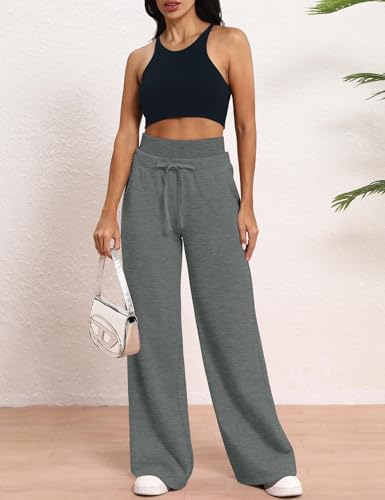 هيسايب بنطلون رياضي واسع الساق للنساء بخصر مزدوج مع جيوب، لون رمادي داكن، مقاس S