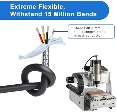 18AWG Shielded Chain CNC Wire (12FT) UL2464 Tinned Copper Core Extreme Flexible 18 Gauge 4 Core Cable Electrical Wire for CNC Router Machine, CNC Spindle, Robot Arm,3D Printer,etc