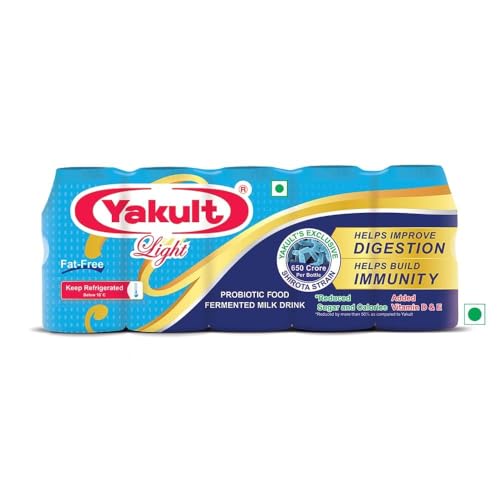 Yakult Light Fat-Free Probiotic Fermented Milk Drink, Improves Digestion and Immunity (Pack of 2) (10 yakult)