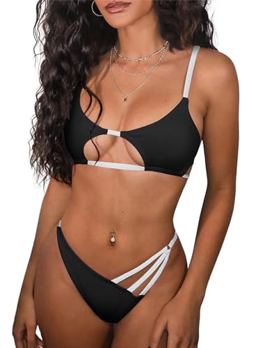 ZAFUL Women's Sexy Cutout Bikini Thong Bikini Set Color Block