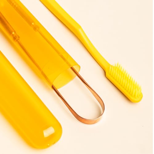 Image of Ozette Travel Kit - Includes 1 Super Soft Sensitive Toothbrush and 1 100% Copper Tongue Cleaner /Scraper with Anti-Bacterial Container, Cover, Holder - Pack of 2, Ideal for Home and Travel Use
