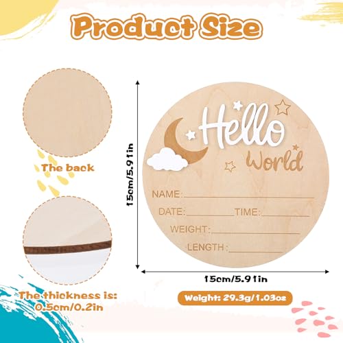 Nogeqi Weiß Meilensteinkarten Baby Holz, Hallo Welt Baby Schild Ankündigungsschilder Hello World Holzschild Willkommensschild für Neugeborene Runde Holz Geburtsanzeige für Schwangere Werdende Eltern