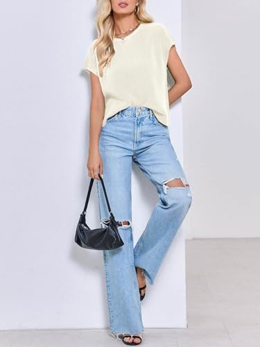 Image of Saodimallsu Womens Cap Sleeve Crop Tops Summer Trendy Going Out Crew Neck Loose Knit Cropped Sweater Vest Tank Top