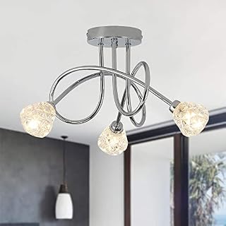 Aufworld Ceiling Light Fitting 3Way Glass Shade Spotlight Elegant Curved Arm Semi Flush Mount Silver Chrome Lamp for Living Room Kitchen (G9 Bulbs Not Included)