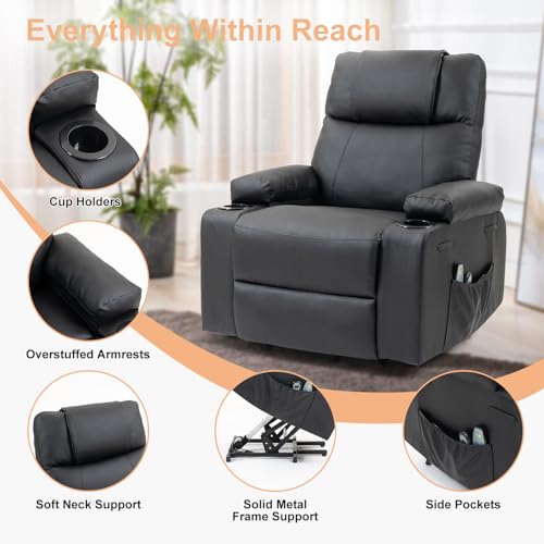 Image of Power Lift Recliner Sofa Chair, Electric Stand Assit for Elderly People, Leather Reclining Chair with Cup Holders, Massage & Heat Functions, Living Room or Bedroom Furniture for Resting, Black