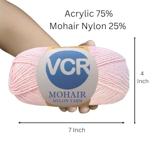 Image of VCR Mohair Nylon Light Pink Yarn, 100 Grams Hank, 196 Meters Length, Acrylic 75%, Mohair Nylon 25%, Pack of 1 Yarn, Soft Crosia Threads, Suitable for Winter Garments.