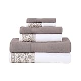 Modern Threads Allie 6-Piece 100% Cotton Towel Set – Jacquard Floral Border – Includes 2 Bath Towels, 2 Hand Towels, 2 Washcloths – Absorbent, Quick Dry, Soft & Durable – Taupe