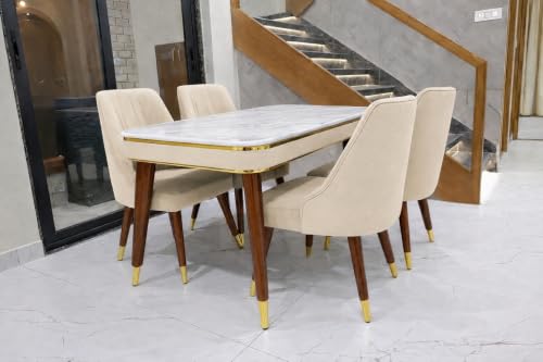 Image of WOODEN SPACE 4 Seater Wooden Dining Table Set | Urban Marble Top Dining Table with Chairs for Dining Room & Kitchen (Modern Frontline Beige) (54 x 36 x 30 inch)
