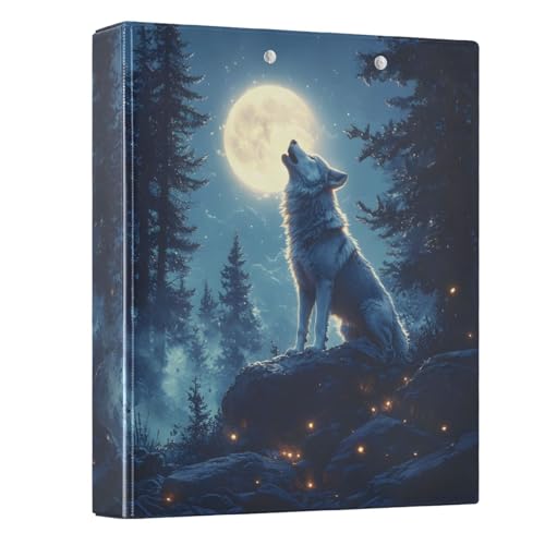 Image of 3 Ring Binder Wolf Moon Galaxy Winter Forest a 1.5 inch Binders Three Ring Binders with Clipboard Fit 8.5'' x 11'' Paper 3 Interior PVC Clear Pockets for Office Supplies