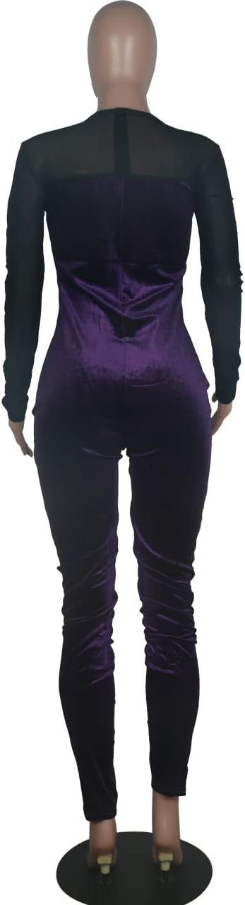 WOKANSE Women's Sexy Long Sleeves Mesh Patchwork Bodycon Velvet Jumpsuits Long Romper Pants One Piece Clubwear - Image 5