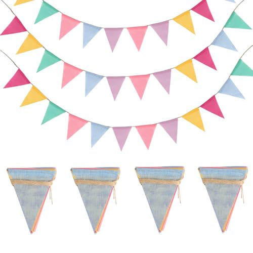 4 PcsBanderines Decorativos, Banderines Fiesta Tela, 4m Guirnaldas de Banderines Cumpleaños Triangulares de Yute Colores Pastel para Decoración de Cumpleaños Boda Jardín(48 Banderas, 4 m x 4 Pcs)