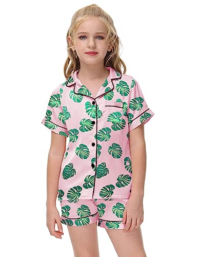 Veseacky Unisex Satin Pajamas Set Boys Girls Silk Pjs Short Sleeve 2 Piece Sleepwear Button-Down Kids Nightwear(4-13T)