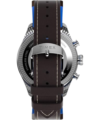Timex Timex Chronograph Herren-Armbanduhr, 42 mm, braunes, zweiteiliges Lederarmband, blaues Zifferblatt, Edelstahlgehäuse TWG030000 – Ansicht 3