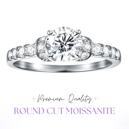 1Ct Round Moissanite Solitaire Engagement Ring, D Color VVS1 - VVS2 Clarity, 925 Sterling Silver, Moissanite Anniversary Rings for Women, Wedding Rings for Women - Hidden Gems Jewelry - Size 5-102