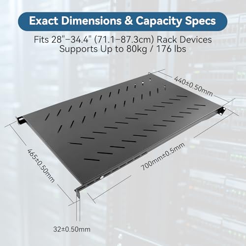 Image of Adjustable 1U Server Rack Shelf 28-34.4 Inch Depth, Vented Design for 4 Post Computer Racks and Cabinets, 80kg Heavy Duty Load Capacity