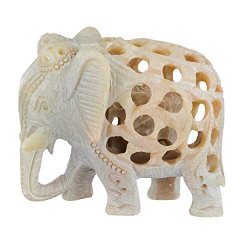 Crafkart Soapstone White Lucky Elephant Soapstone Figurine With Elephant In Belly 3.1” Statue Handmade In Jali Or Openwork From A Single Block Of Stone - Home Décor Decorations Gifts For Women Adults #TOP6