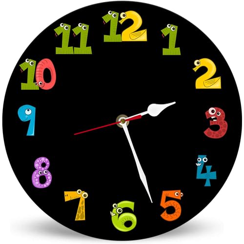 Horienteeon Bonito reloj de pared digital para niños, funciona con pilas, 25 cm, reloj de pared redondo de dibujos animados, silencioso, sin tictac, para habitación de los niños, dormitorio, cocina