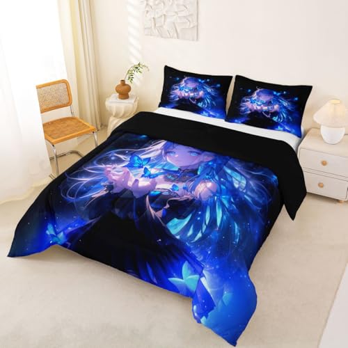 Image of Erosebridal 3D Japanese Girl Kids Comforter Set | Blue Butterfly Decorations Bedding King,Cartoon Down Comforter Anime Gifts for Her Duvet Set for Bedroom