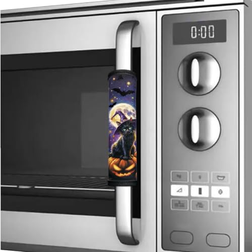 Image of Halloween Fridge Door Handle Covers Set of 6 Kitchen Appliance Decor Anti-Slip Protectors Washable Refrigerator Accessories, Black Cat Moon Pumpkin Bat Violet Halloween Decor