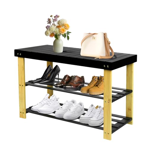 XUANYU - Zapatero de bambú para 6 pares zapatos, zapatero de 3 niveles, banco de almacenamiento para entrada, dormitorio, garaje y salón (negro-madera)