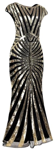 Image of Women Evening Maxi Long Dress 1920s Sequin Mermaid Hem Wedding Prom Gown Costume w / 20s Gatsby Accessories Set