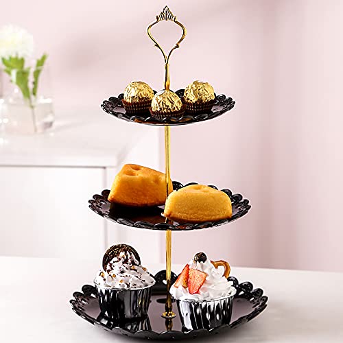 Set Of 5 Party Cupcake Stand Includes 2 Pcs 3 Tier Cake Stand + 3 Rectangle Plastic Serving Trays For Wedding Birthday Baby Shower Tea Party (Black) #TOP2