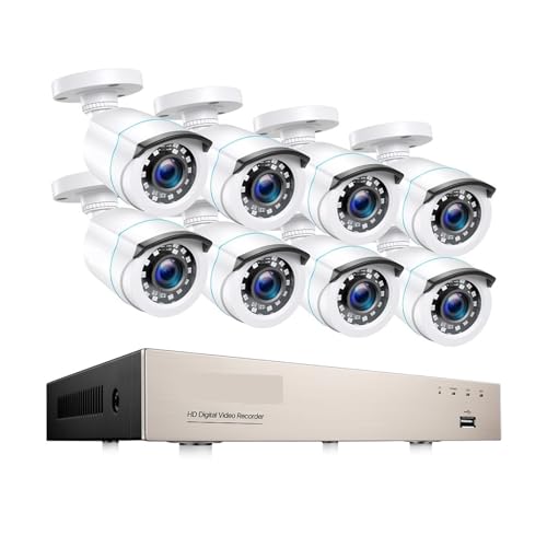 LBNVBC CCTV De 8 Canales H.265 + 5MP HD-TVI DVR Kit 8 1080p 2MP Seguridad del Hogar Cámara De Visión Nocturna Exterior Kit De Videovigilancia(None,Bianco)
