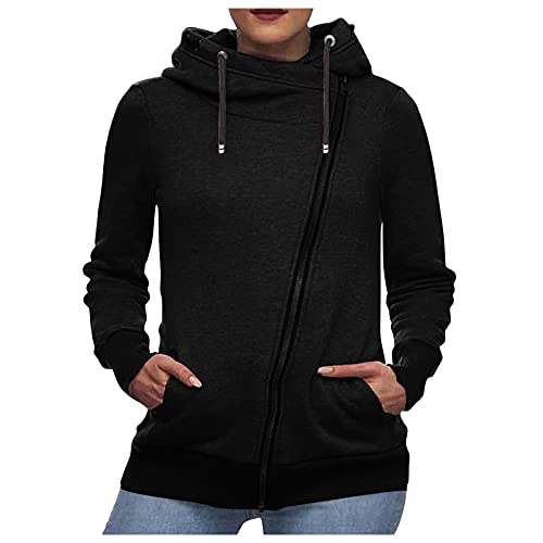 Women's Oblique Zipper Hoodies Cowl Neck Full Zip Hooded Sweatshirt Outerwear With Pockets Black, X-Large #TOP6