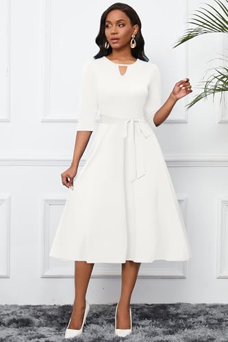 CLOCOR Midi Dresses for Women Casual A-Line Fit and Flare Dress Crewneck 3/4 Sleeve Keyhole Cocktail Party Church Dress4