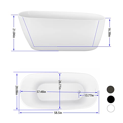 Image of 59 inch Acrylic Freestanding Bathtub, Single Slipper Free Standing Tub, Soaking Tub with Integrated Slotted Overflow, Toe-Tap Chrome Drain, cUPC Certified, Glossy White