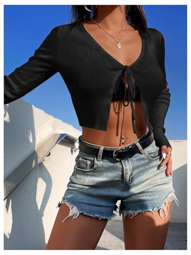 SOLY HUX Women's Tie Front Cardigan Ribbed Knit Long Sleeve Crop Tops V Neck Shirts Knitwear4