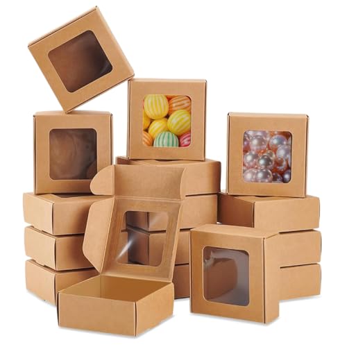32 Piezas Caja de Papel Kraft Marrón para Pastelería, 75x75x30mm Cajas de Regalo Kraft con Ventana para Regalos, Cajas para Galletas Marrón, Caja Cartón para Galletas, Postres, Embalaje, Regalos