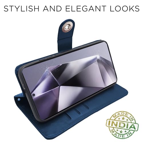 Image of Pikkme Samsung Galaxy S24 Ultra 5G Flip Cover Leather Finish | Inside TPU with Card Pockets | Wallet Stand and Shock Proof | Complete Protection Button Flip Case (Blue)