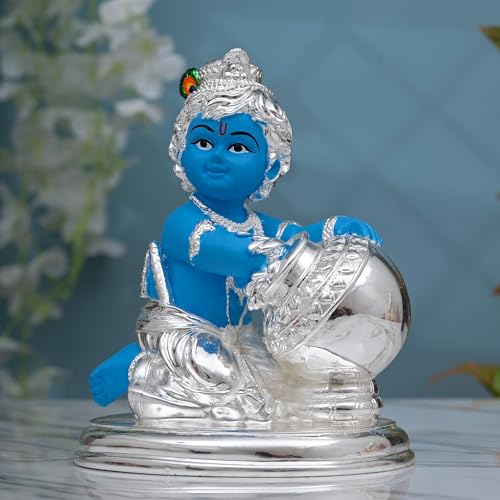 Image of Idolkart Pure 999 Silver Coated Lord Krishna Idol, Handcrafted Laddu Gopal Murti Baby Krishna Statue for Home Decor- kanha ji ki murti Idol for Pooja Room - Krishna Idol Big Size - 6.5"
