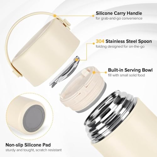 Image of 500ml Insulated Soup Container with Folding Spoon & Carry Handle | Leak-Proof Stainless Steel Food Jar | Keeps Food Hot 6 Hrs & Cold 10 Hrs | BPA-Free, Wide Mouth, Travel Lunch Box (White)