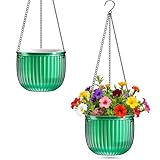 Halatool 2 Pack Self Watering Hanging Planters for Plants, 8.3 Inch Hanging Baskets, 3 Hooks Plant Hangers with Drainage Holes for Gardening (Green)