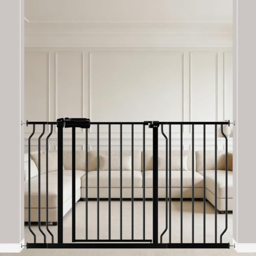 Image of ALLAIBB Extra Wide Pressure Mounted Baby Gate Walk Through Child Kids Safety Toddler Tension White Long Large Pet Dog Gates with Extension for doorways Kitchen (43.3-52.75 inch /110-134cm, Black)
