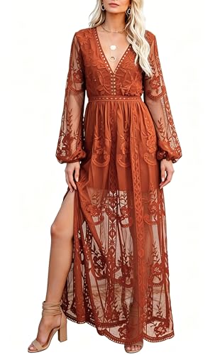 LRISES Women V Neck Lace Maxi Dress Slit Long Sleeve Wedding Cocktail Party