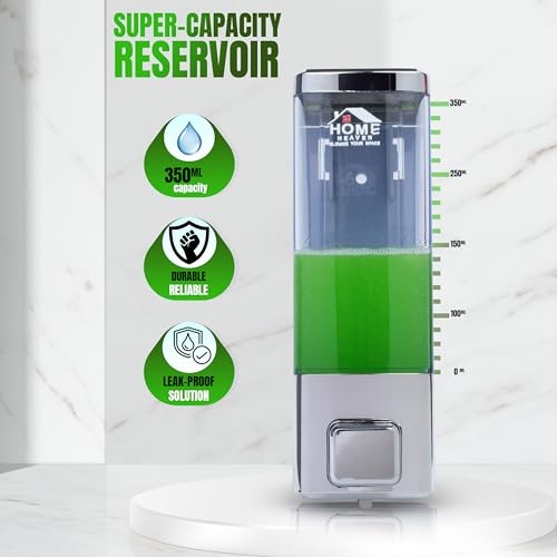 Image of Adhesive Wall-Mounted 350ml Chrome Liquid Dispenser - No-Drill Install - ABS Plastic for Soap Shampoo Conditioner Hand Wash Gel Sanitizer - Bathroom Kitchen Sink Basin (Single Pack)