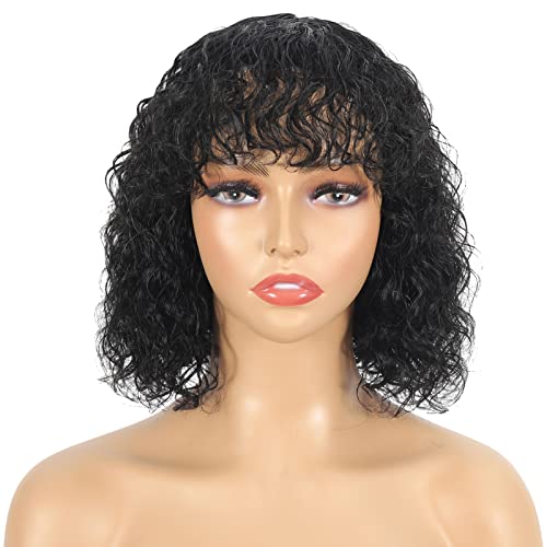 Luolihar 10 Inch Short Curly Bob Wig with Bangs for Black Women Human Hair Water Wave Wig Short Curly Wig Deep Wave Brazilian Virgin Human Hair Wig Natural Black