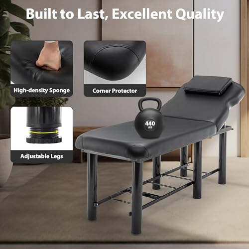 Dithoko Professional Massage Table with Backrest, Faux Leather Stationary Physical Therapy Table, Metal Frame Barber Beauty Equipment, Removable Headrest Treatment Table Salon Spa Bed, Black
