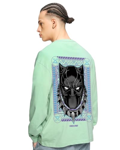 Image of Bewakoof Official Marvel Merchandise Black Panther Men's 100% Cotton 220 GSM Graphic Print Oversized Fit Round Neck T-Shirt