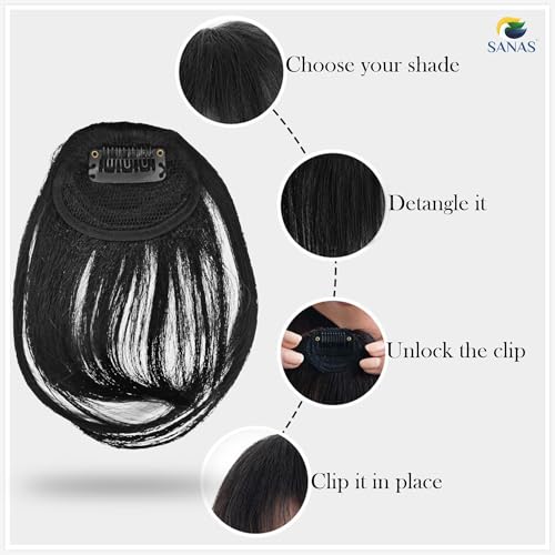 Image of Sanas Hair Bangs For Women (1Pc) Clip On Front Hair Extensions For Women Black Children's Fake Bangs Hair Extensions For Woman Stylish Clip On Front Hair Patch For Woman Wedding (1Pc) (Classic Black)