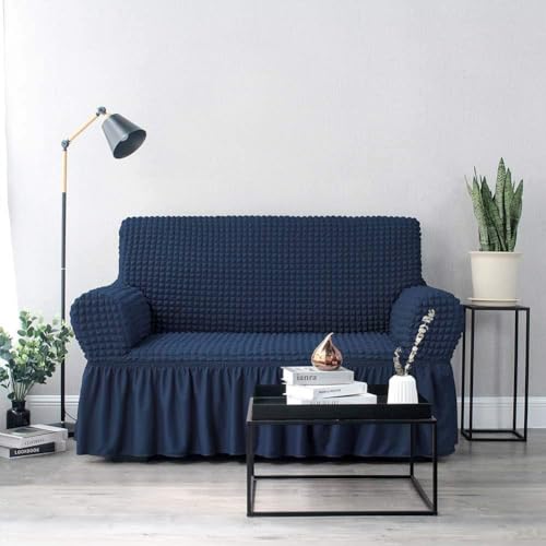 Image of Bails Sofa Cover 3 Seater Fully Covered | Turkish Elastic Sofa Cover | Sofa Cover 3Seater | Universal Elastic Bubble Fabric with Frill Sofa Protector Cover (Navy, 3 Seater)