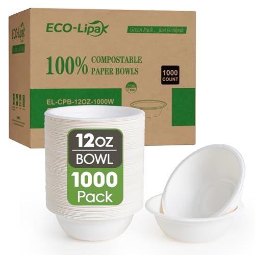 ECOLipak 1000 Pack 12 oz Paper Bowls Disposable, Heavy-Duty Biodegradable Compostable Bowls Made of Natural Sugarcane Bagasse, Suitable for Salad, Dessert, Milk, Cereals
