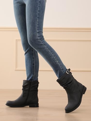 Shoe'N Tale Women'S Mid Calf Boots Slouchy Round Toe Flat Low Heel Riding Boots With Side Zipper thumb #3