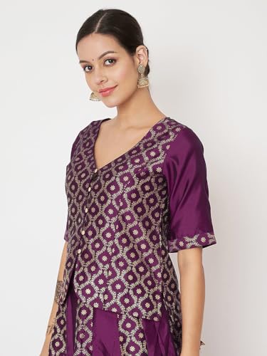 Image of studio rasa Women's Silk Blend Block Printed Button Down Readymade Top for Wedding Festive Party